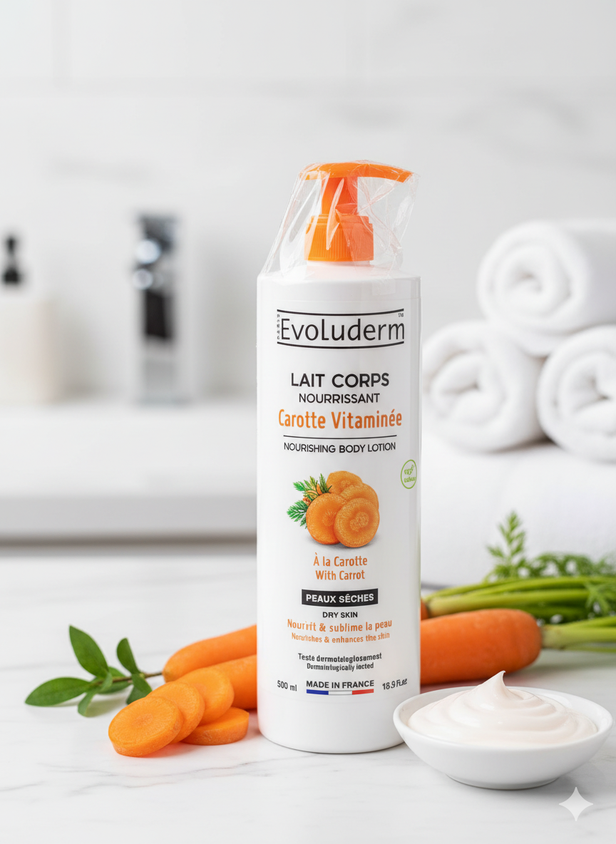 Evoluderm Lait Corps Nourrissant Carotte Vitaminée – Hydratation & Éclat Naturel — photo 3, OnMyShop Abidjan
