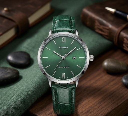 casio manche cuir vert fond vert